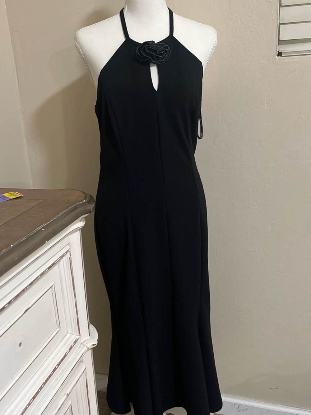 Black Halter Maxi Dress with Floral Accent